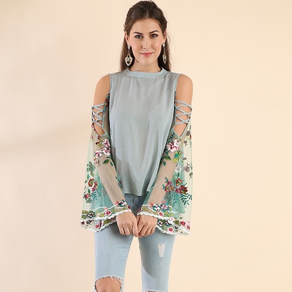 Tops - Embroidered cross cross tulle bell sleeve blouse